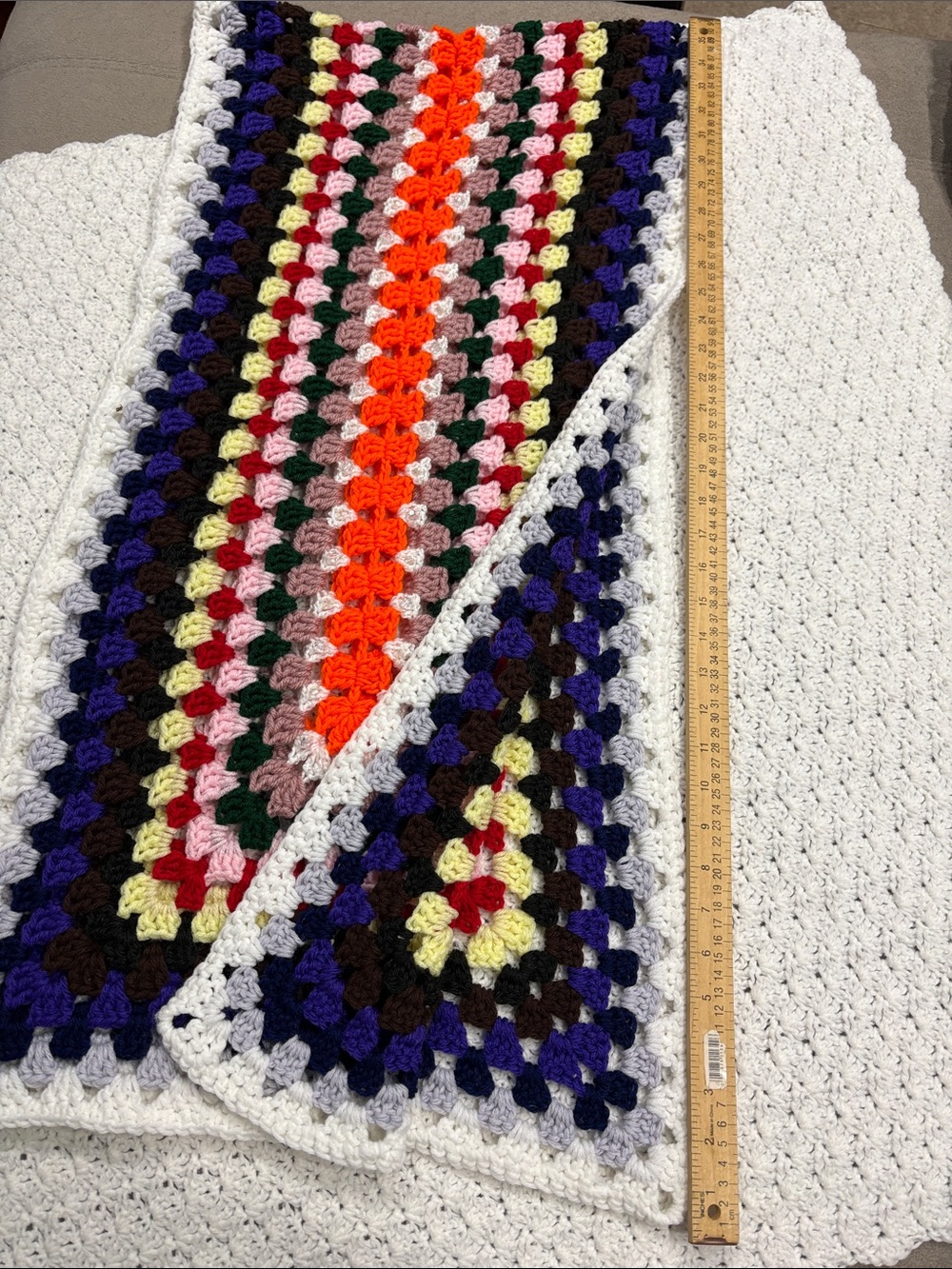 Handcrafted Multicolor Crochet Throw Runner - White Trim Decorative Clear Bids ! - Picture 8 of 9
